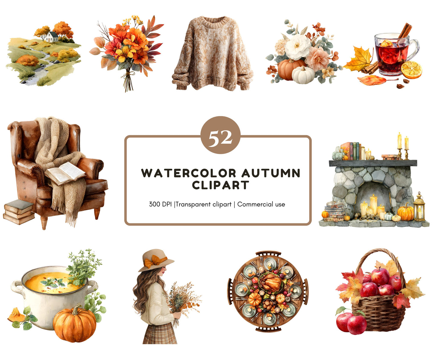 Autumn Clipart, Watercolor Autumn Clipart Bundle, Fall Clipart, Autumn Girl Clipart, Autumn png, Cozy Fall Clipart, Autumn Leave Clipart