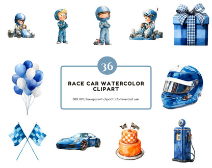 Watercolor Race Car Clipart Bundle, Baby Shower Graphics (Digital Download)