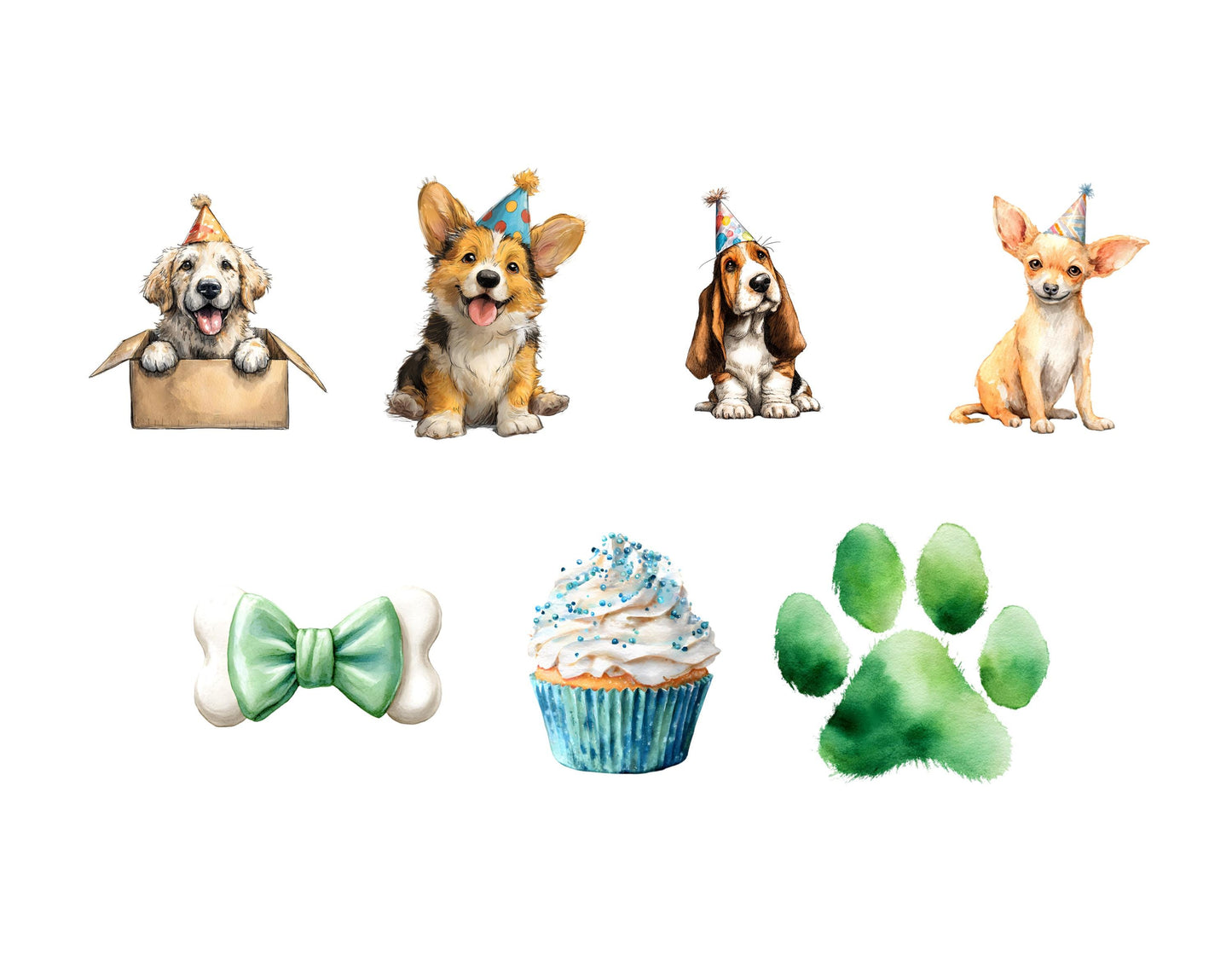 Cute Dog Birthday Party Clipart, Dog Birthday Clipart, Puppy Birthday, Watercolor Dog Birthday Decor Clipart, Cute Animal Birthday Clipart