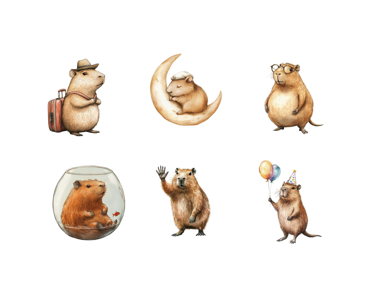 Quirky Capybara Clipart Bundle, Cute Capybara png, Watercolor Capybara Clipart, Whimsical Capybara png, Funny Capybara Clipart Bundle