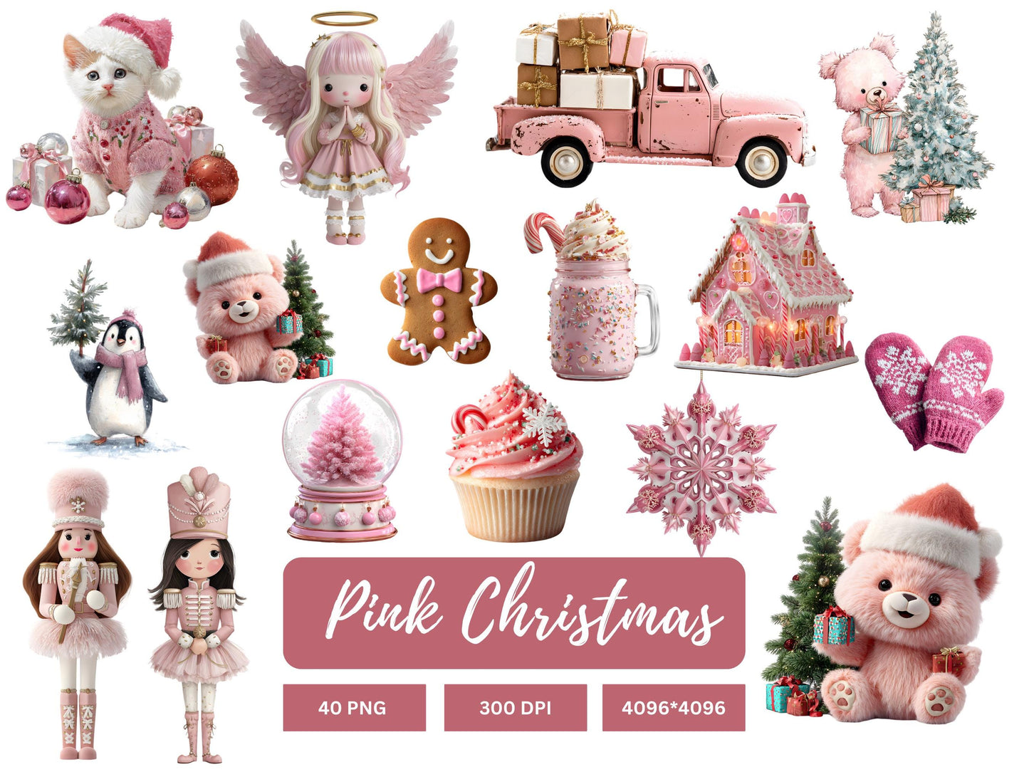 Watercolor Pink Christmas png Bundle, Pink Christmas Clipart, Cute Pink Christmas png, Cozy Pink Christmas Clipart, Winter Xmas Clipart