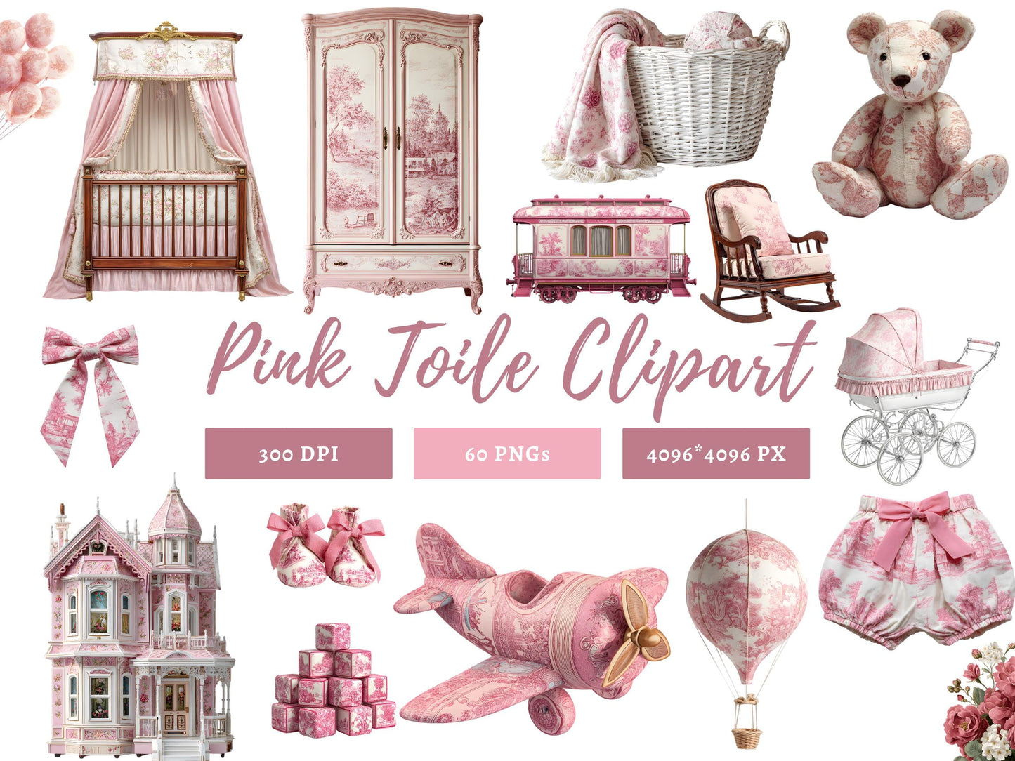 DIY Download Pink Toile Clipart Bundle