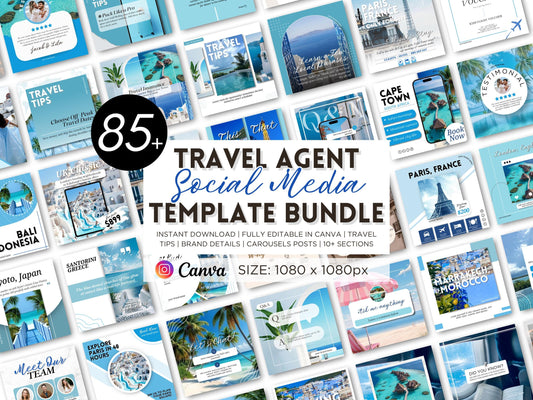 Travel Agent Social Media Template Bundle | 85+Canva Editable Instagram Posts | Digital Download | 1080x1080px