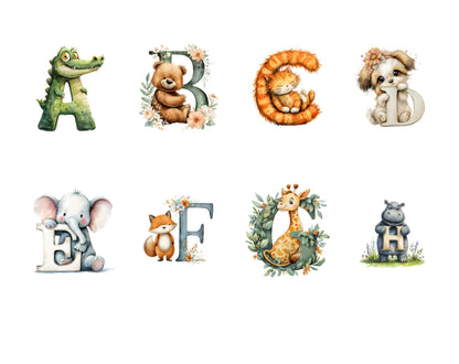 Animal Alphabet Clipart, Watercolor Cute Alphabet png Bundle, Cute Animal Alphabet Clipart, Animal Letter Clipart, Nursery Decor