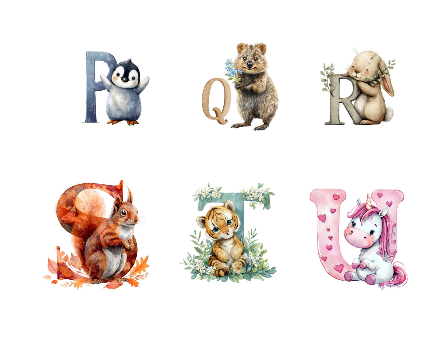 Animal Alphabet Clipart, Watercolor Cute Alphabet png Bundle, Cute Animal Alphabet Clipart, Animal Letter Clipart, Nursery Decor