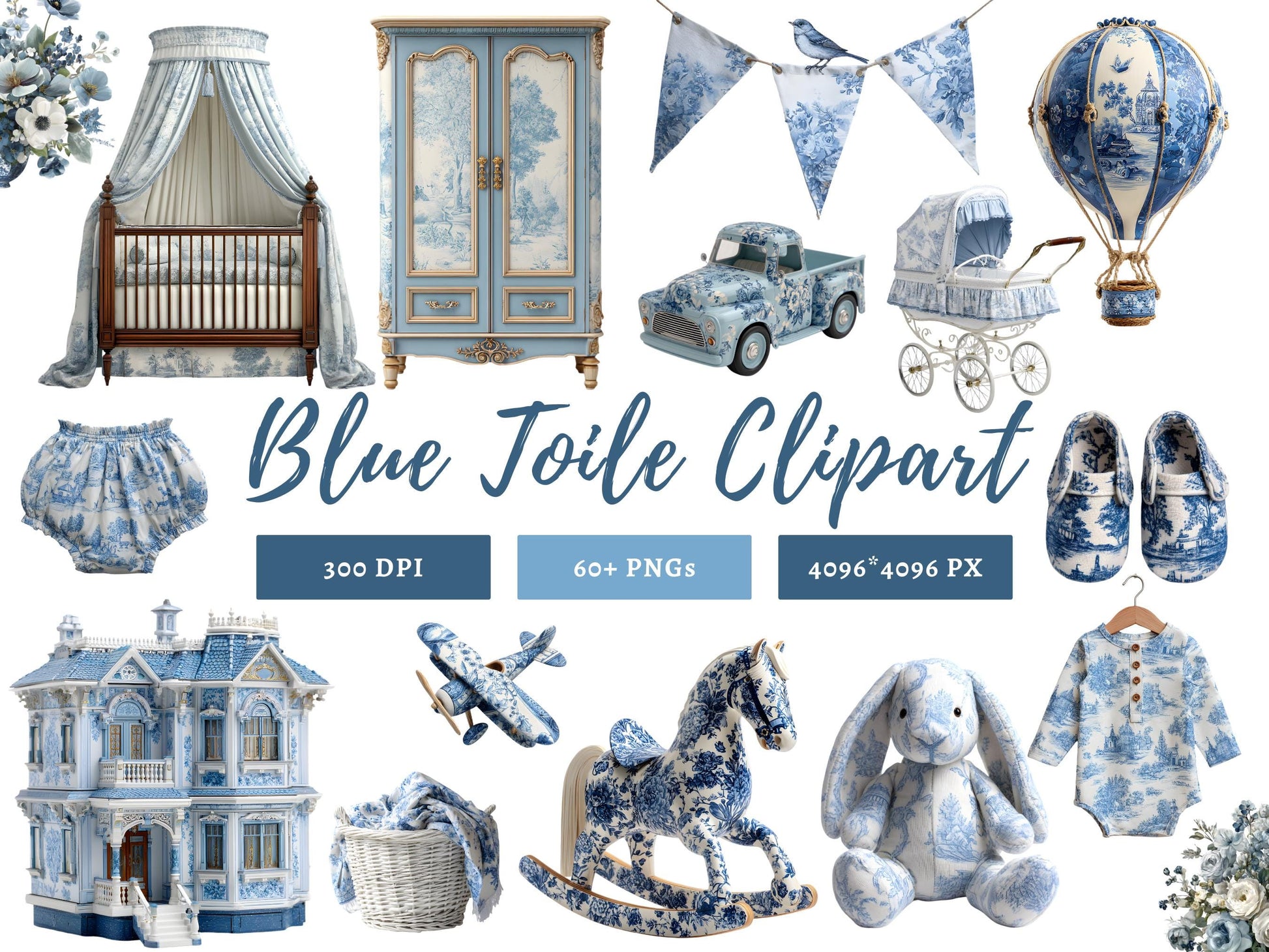 DIY Download Blue Toile Clip art Bundle