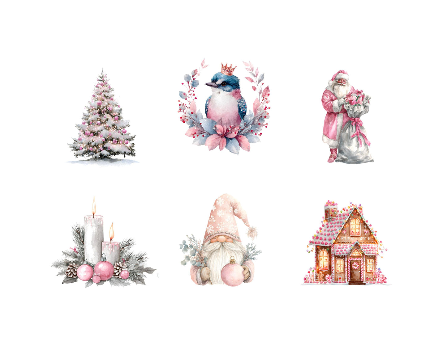 Watercolor Silver Christmas Clipart Bundle, Pastel Christmas Elements Clipart png Bundle, Pink Christmas Clipart, Christmas Decor Clipart