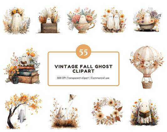 Fall Ghost Clipart png Bundle, Vintage Fall Ghost Clipart Bundle, Watercolor Ghost Clipart png, Ghost And Flowers Clipart, Halloween Clipart