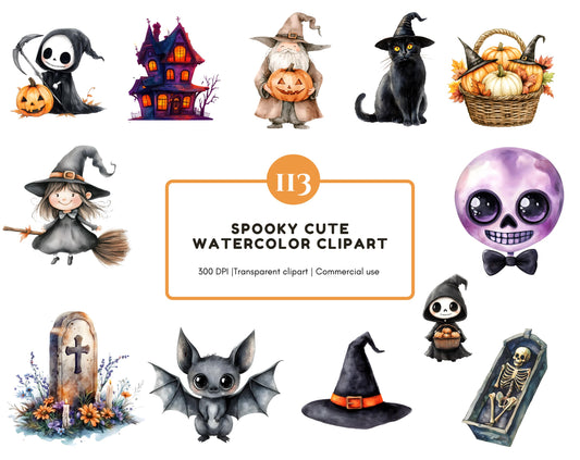 Watercolor Cute Halloween Clipart png Bundle, Spooky Cute Halloween Clipart, Pastel Halloween Clipart, Iridescent Halloween Clipart png