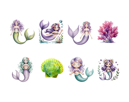 Watercolor Mermaid Clipart png Bundle, Cute Mermaid Clipart png, Under The Sea Clipart, Little Mermaid Clipart, Sea Animal Clipart