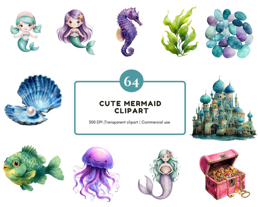 Watercolor Mermaid Clipart png Bundle, Cute Mermaid Clipart png, Under The Sea Clipart, Little Mermaid Clipart, Sea Animal Clipart