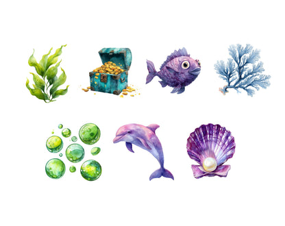 Watercolor Mermaid Clipart png Bundle, Cute Mermaid Clipart png, Under The Sea Clipart, Little Mermaid Clipart, Sea Animal Clipart