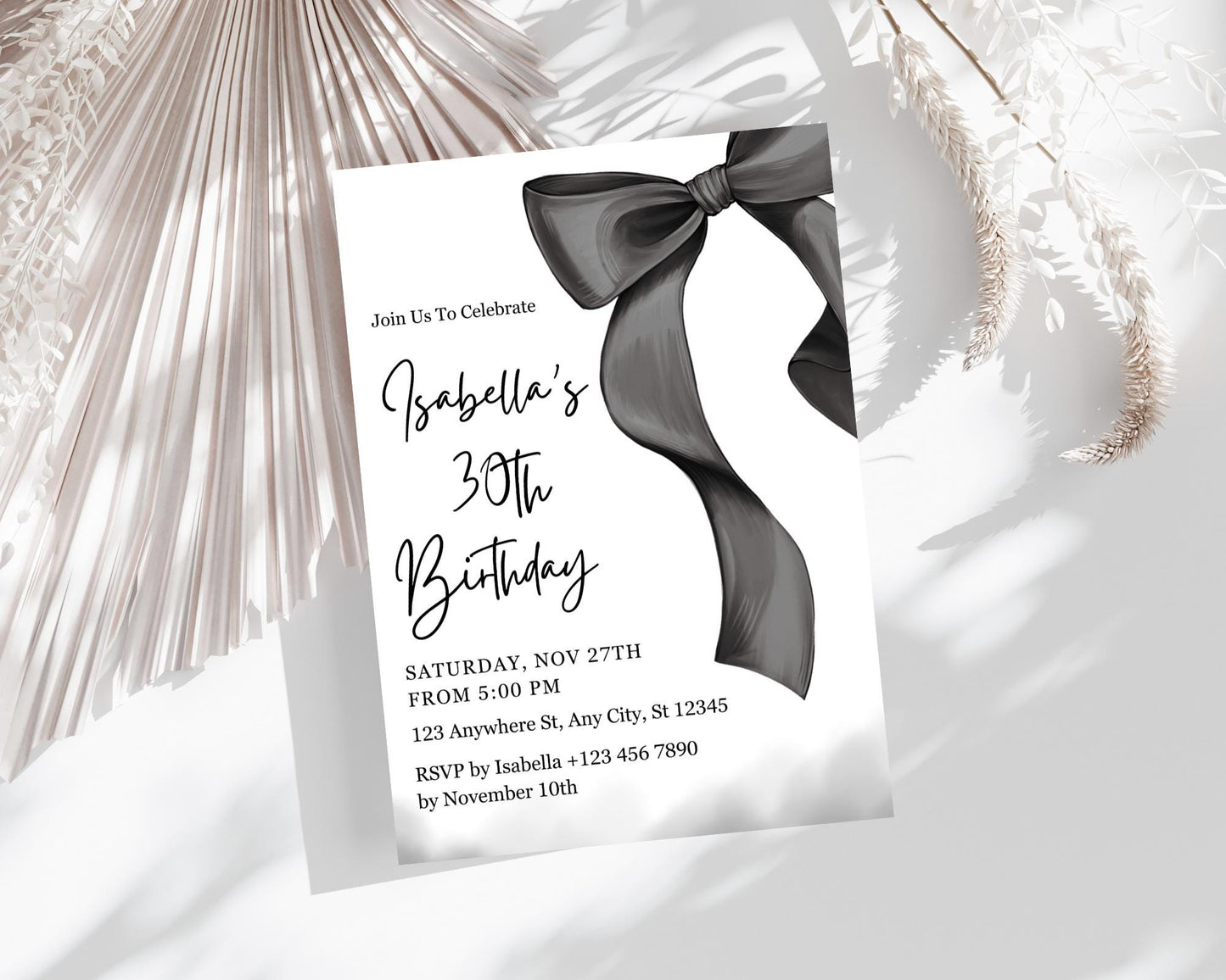 Elegant Black Bow Birthday Invitation Template, Minimalist Party Invite (Digital Download)