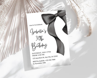 Elegant Black Bow Birthday Invitation Template, Minimalist Party Invite (Digital Download)