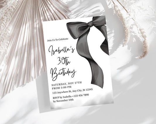 Elegant Black Bow Birthday Invitation Template, Minimalist Party Invite (Digital Download)
