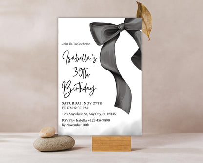 Elegant Black Bow Birthday Invitation Template, Minimalist Party Invite (Digital Download)