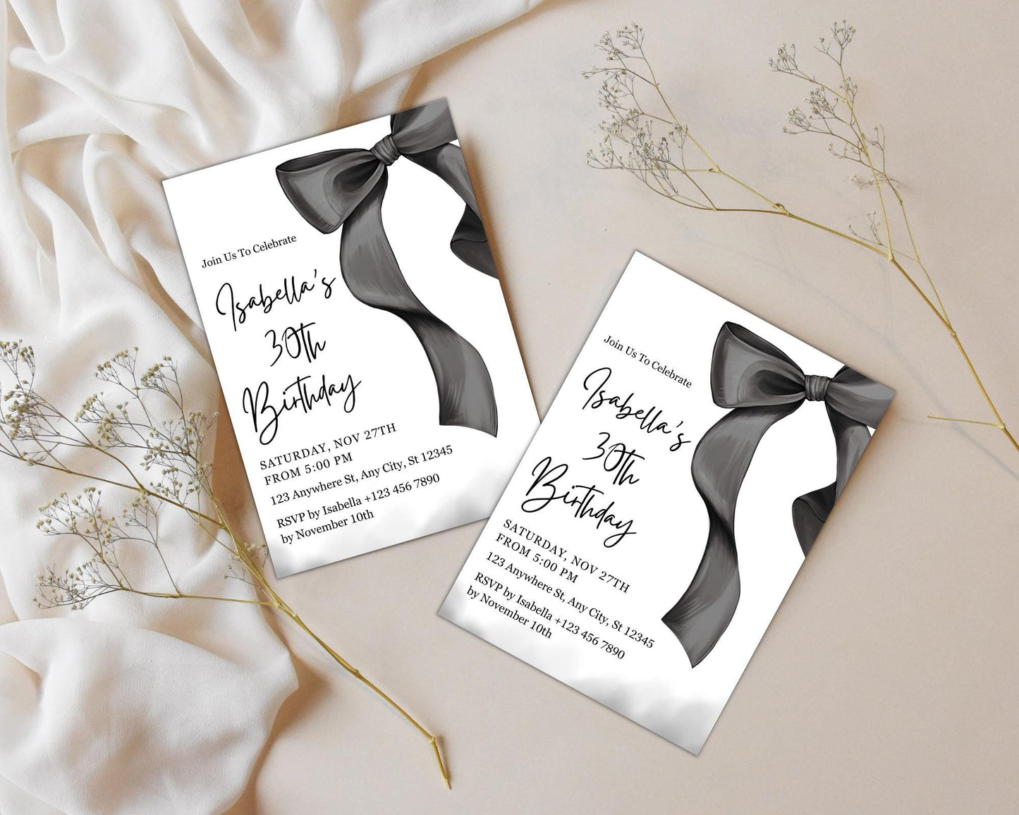 Elegant Black Bow Birthday Invitation Template, Minimalist Party Invite (Digital Download)