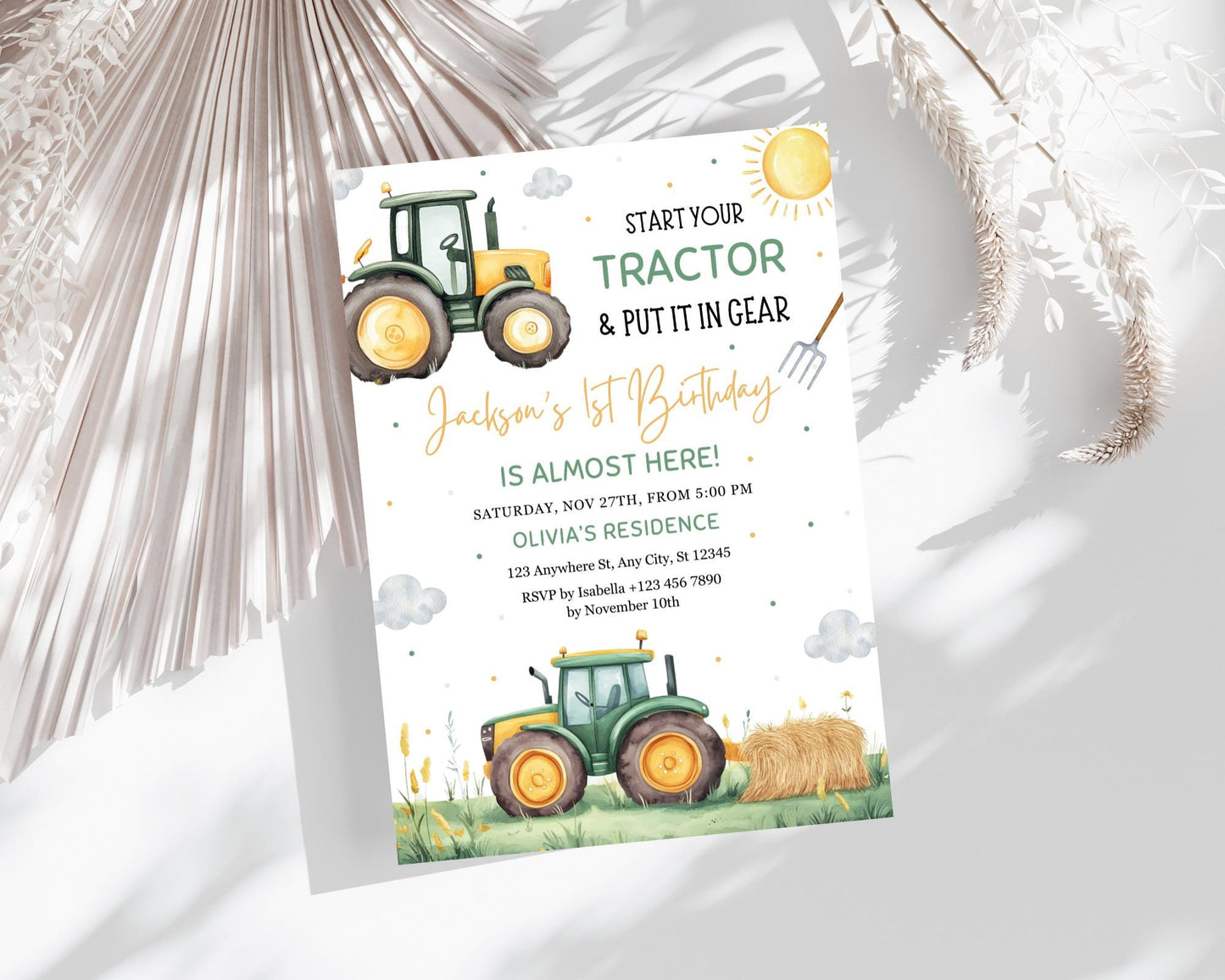 Green Tractor Birthday Invitation, Farm Party, Editable Canva Template (Digital Download)