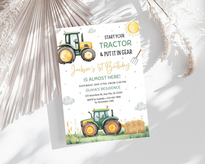 Green Tractor Birthday Invitation, Farm Party, Editable Canva Template (Digital Download)