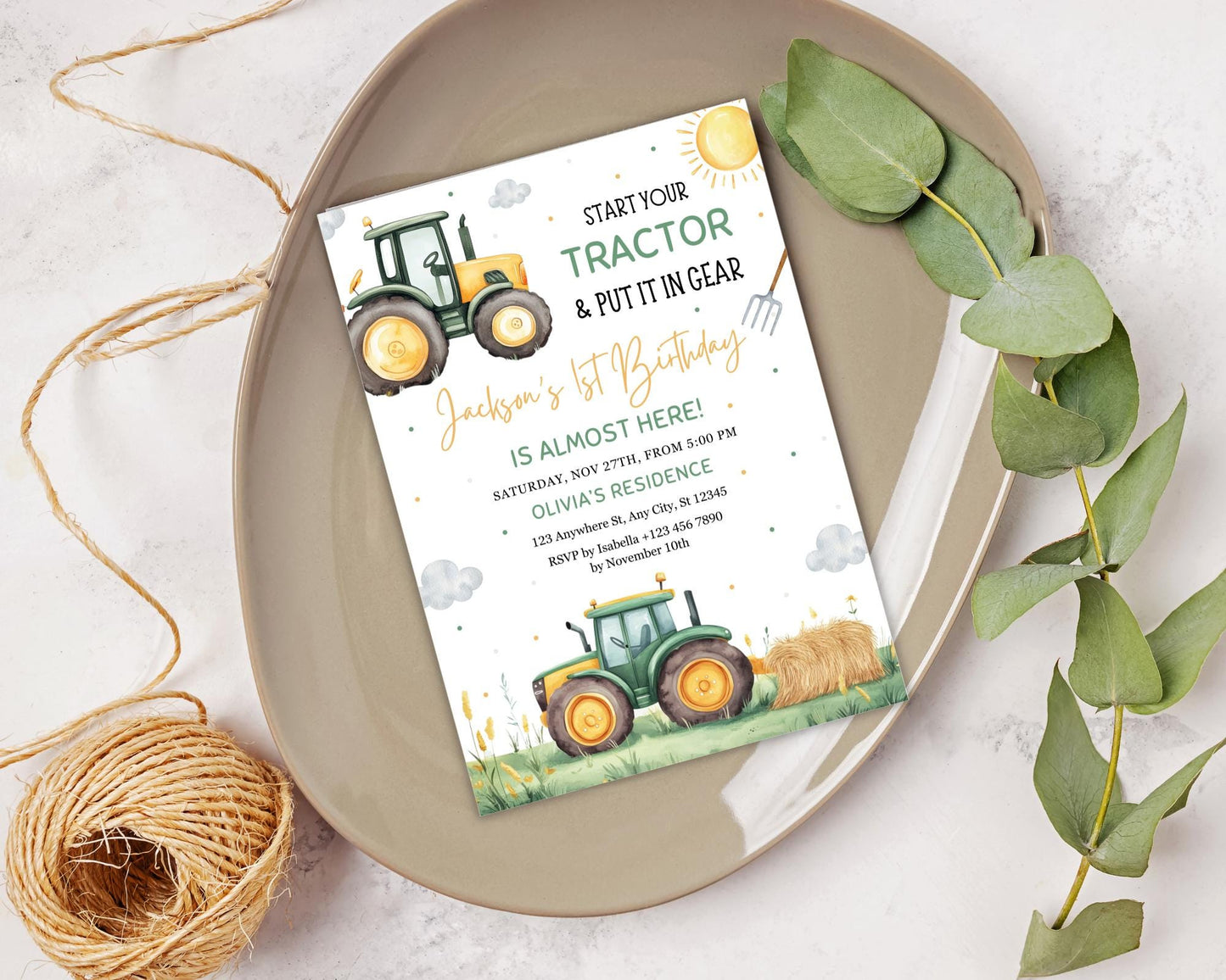Green Tractor Birthday Invitation, Farm Party, Editable Canva Template (Digital Download)
