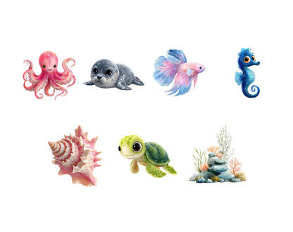 Aquarell-Meerestiere-Clipart (PNG), Niedliches Meerestiere-Clipart-Bundle (PNG), Unterwasserwelt-Clipart, Meerestiere-Clipart (PNG), Niedliche Ozeantiere (PNG)