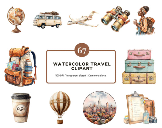 Travel Clipart png Bundle, Watercolor Travel Clipart, Vintage Travel Clipart, Boho Travel Clipart, Travel Planner, Tourism Clipart