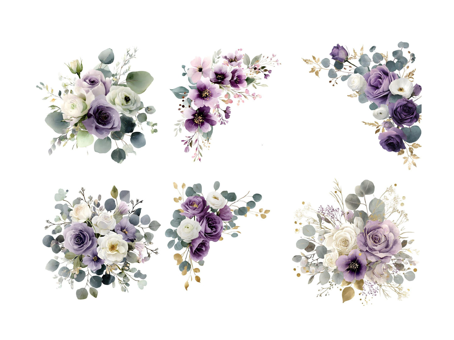 Aquarell-Bundle mit violettem Eukalyptus (PNG), Eukalyptus-Clipart (PNG), lila Blumen-Clipart, lila Blumenstrauß-Clipart (PNG)