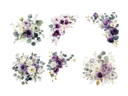 Aquarell-Bundle mit violettem Eukalyptus (PNG), Eukalyptus-Clipart (PNG), lila Blumen-Clipart, lila Blumenstrauß-Clipart (PNG)