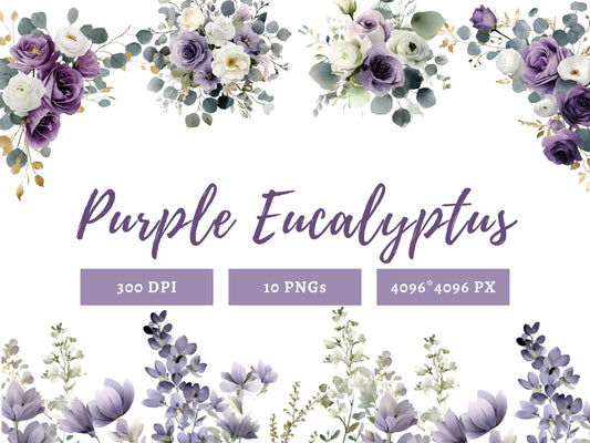 Watercolor Violet Purple eucalyptus png Bundle, Purple eucalyptus Clipart png, Purple Flower Clipart, Purple Flower Bouquet png Clipart