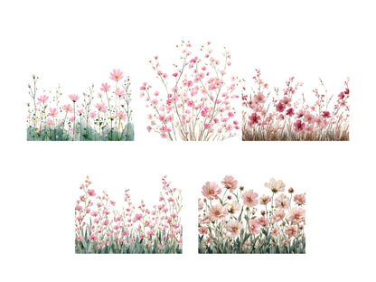 Aquarell-Blumen-Clipart-Bundle (PNG), Zartrosa Blumen-Clipart, Blumen-Clipart, Blumen-PNG, Rosa Blumen-Clipart, Wildblumen-Clipart