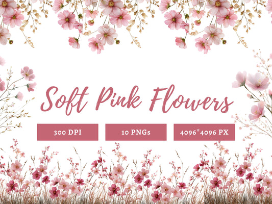 Watercolor Floral Clipart png bundle, Soft Pink Flower Clipart, Flower Clipart, Floral png, Pink Flower Clipart, Wildflower Clipart