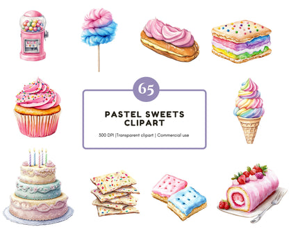 Aquarell-Süßigkeiten-Clipart-Bundle (PNG), Pastell-Süßigkeiten-Clipart, Zuckerwatte-Clipart, Süßigkeiten-PNG-Bundle, Süßigkeiten-Clipart, Pastell-Süßigkeiten-PNG