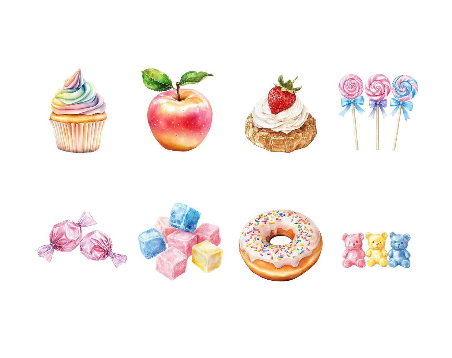 Aquarell-Süßigkeiten-Clipart-Bundle (PNG), Pastell-Süßigkeiten-Clipart, Zuckerwatte-Clipart, Süßigkeiten-PNG-Bundle, Süßigkeiten-Clipart, Pastell-Süßigkeiten-PNG
