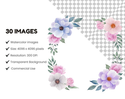 Watercolor Flowers Frame Border Clipart png Bundle, Frames Border Spring Flower Clipart, Floral Frame png, Flowers Clipart, Spring Flower