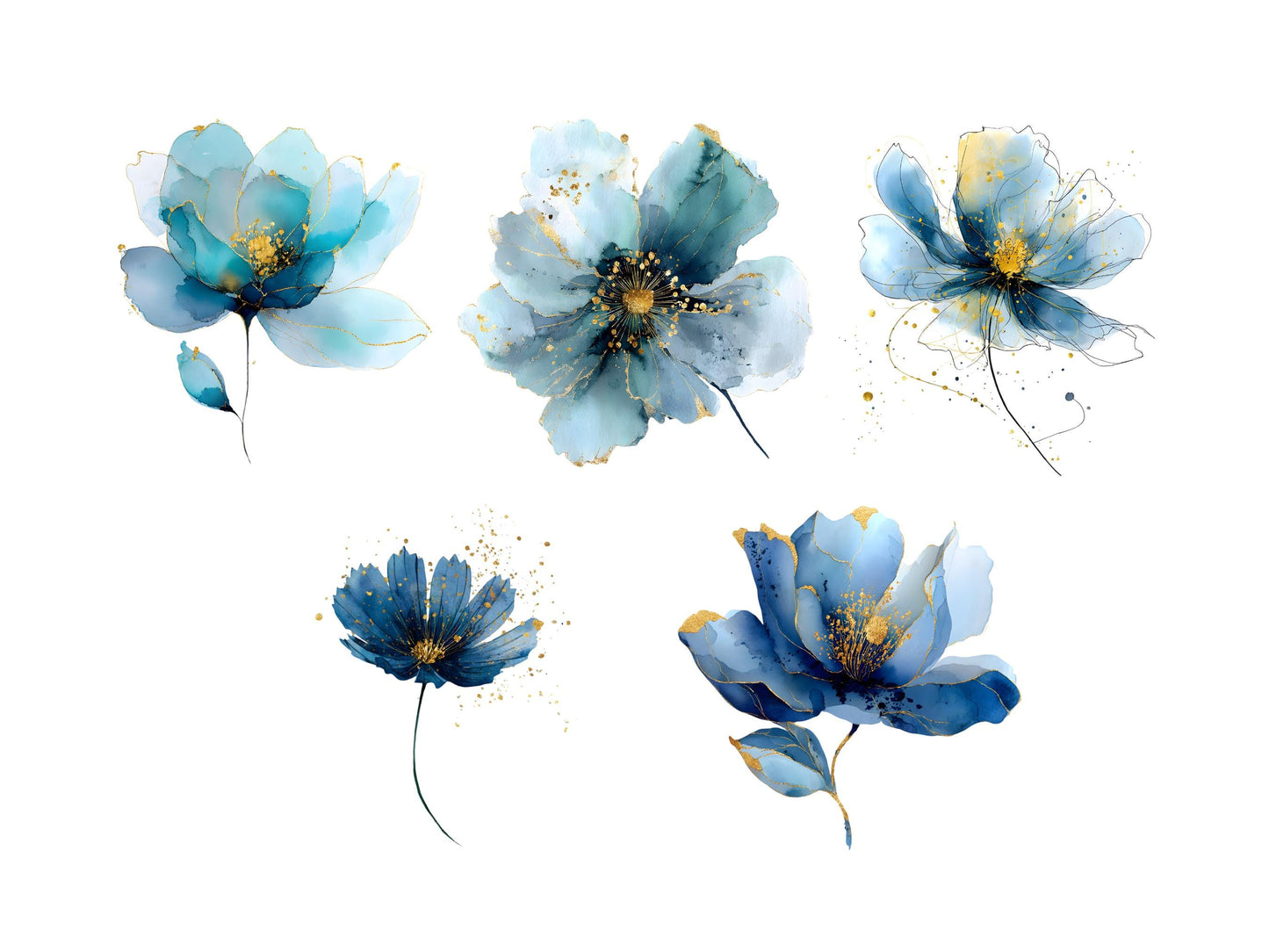 15 Abstract Flower Clipart, Watercolor Flower Bundle png, Blue Flower Clipart, Abstract Flower png, High Quality Flower png, Paper Craft