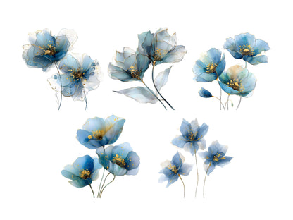 15 Abstract Flower Clipart, Watercolor Flower Bundle png, Blue Flower Clipart, Abstract Flower png, High Quality Flower png, Paper Craft