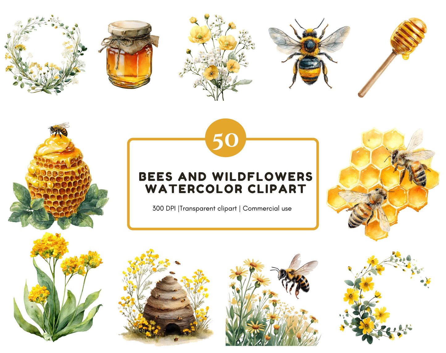 Watercolor Bee Clipart png Bundle, Bees And Wildflower Clipart, Honeycomb Clipart, Floral Wreath Clipart, Bee Clipart, Honey Bee Clipart