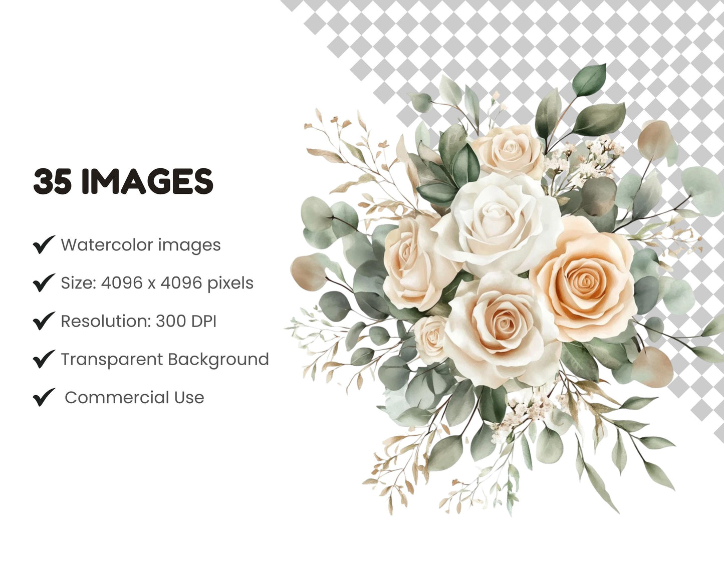 Watercolor White Rose Clipart Bundle, Eucalyptus Clipart png, White Rose And Eucalyptus Clipart, Wedding Floral Clipart, Rose Bouquet png