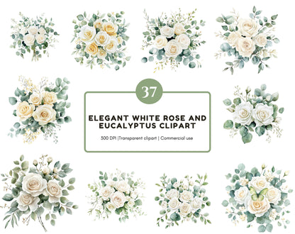Watercolor White Rose Clipart Bundle, Eucalyptus Clipart png, White Rose And Eucalyptus Clipart, Wedding Floral Clipart, Rose Bouquet png