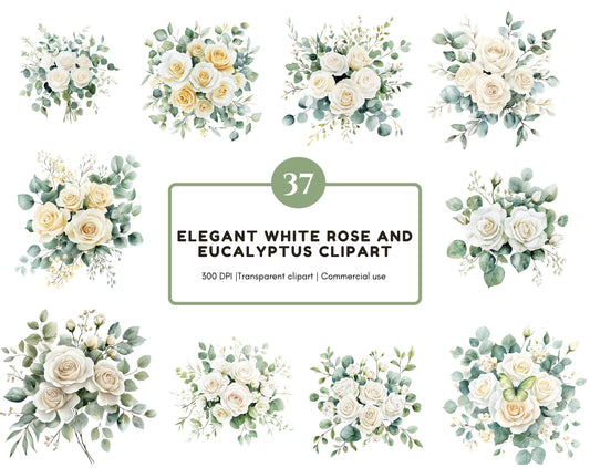 Watercolor White Rose Clipart Bundle, Eucalyptus Clipart png, White Rose And Eucalyptus Clipart, Wedding Floral Clipart, Rose Bouquet png