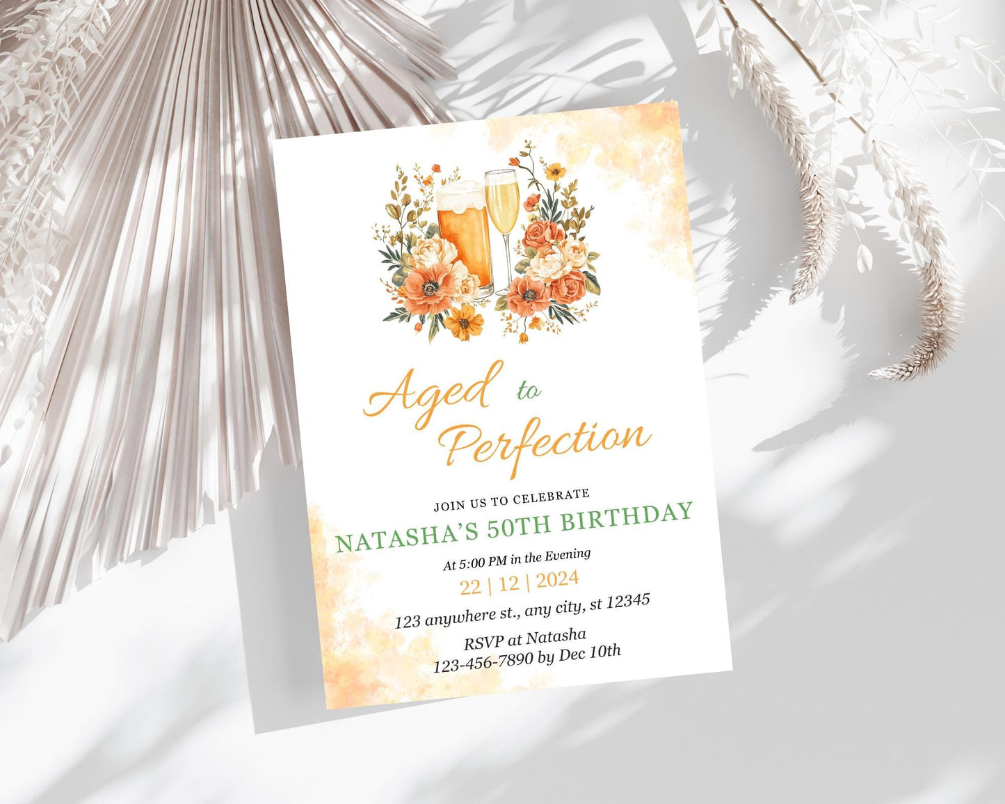 Floral 50th Birthday Invitation, Beer & Champagne, Aged to Perfection (Editable Canva Template)