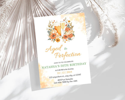 Floral 50th Birthday Invitation, Beer & Champagne, Aged to Perfection (Editable Canva Template)