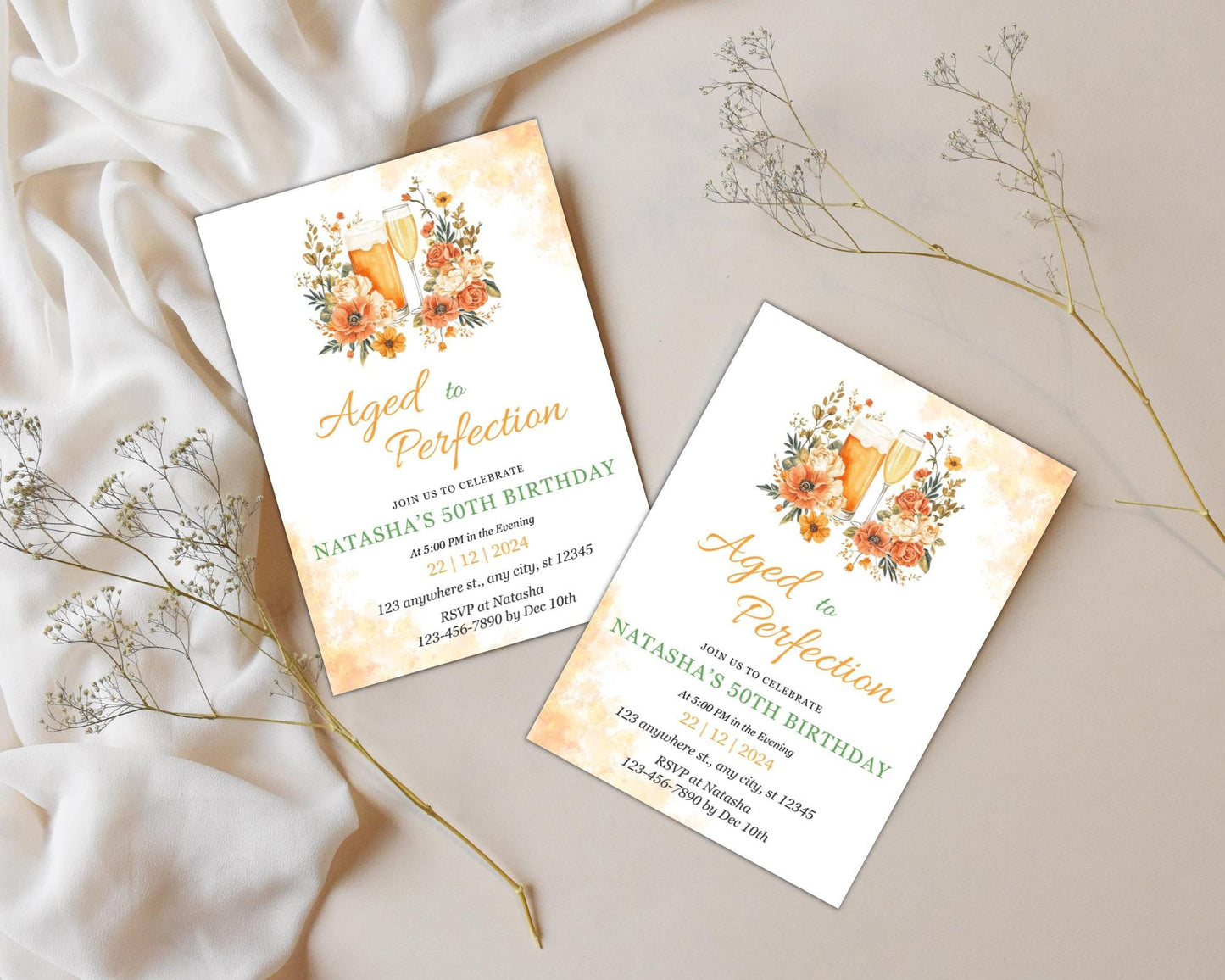 Floral 50th Birthday Invitation, Beer & Champagne, Aged to Perfection (Editable Canva Template)