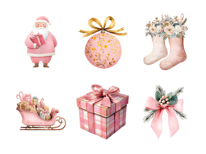 Pink Christmas Clipart Bundle, Watercolor Pink Christmas Clipart, Pink Christmas png, Christmas Clipart, Santa Clipart, Cozy Christmas