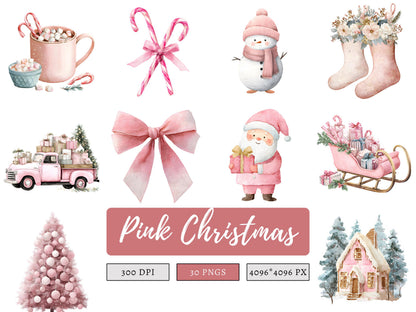 Pink Christmas Clipart Bundle, Watercolor Pink Christmas Clipart, Pink Christmas png, Christmas Clipart, Santa Clipart, Cozy Christmas