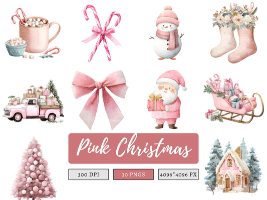 Pink Christmas Clipart Bundle, Watercolor Pink Christmas Clipart, Pink Christmas png, Christmas Clipart, Santa Clipart, Cozy Christmas