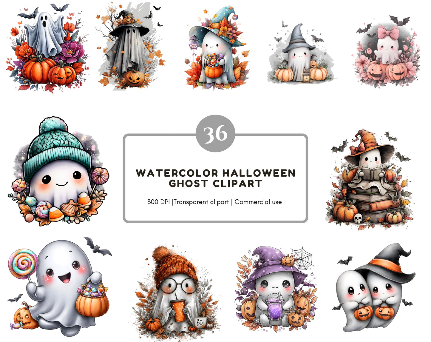 Halloween Ghost Clipart Bundle, Watercolor Ghost Clipart, Cute Ghost Clipart, Pumpkin Ghost Clipart, Autumn Ghost Clipart, Fall Ghost png