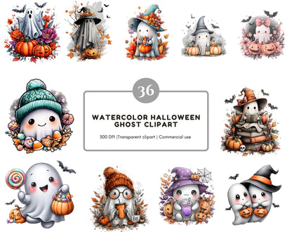 Halloween Ghost Clipart Bundle, Watercolor Ghost Clipart, Cute Ghost Clipart, Pumpkin Ghost Clipart, Autumn Ghost Clipart, Fall Ghost png