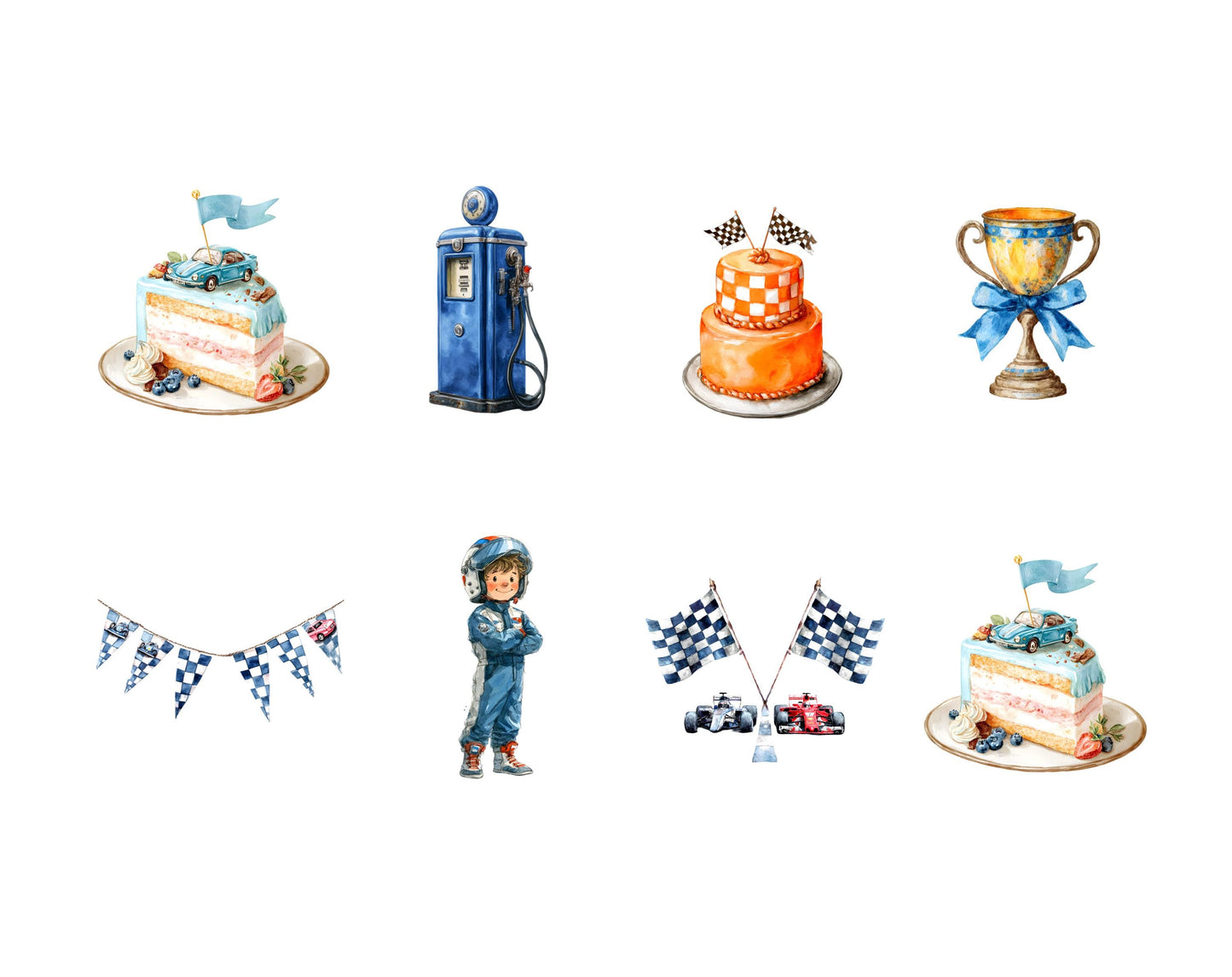 Watercolor Race Car Clipart Bundle, Baby Shower Graphics (Digital Download)