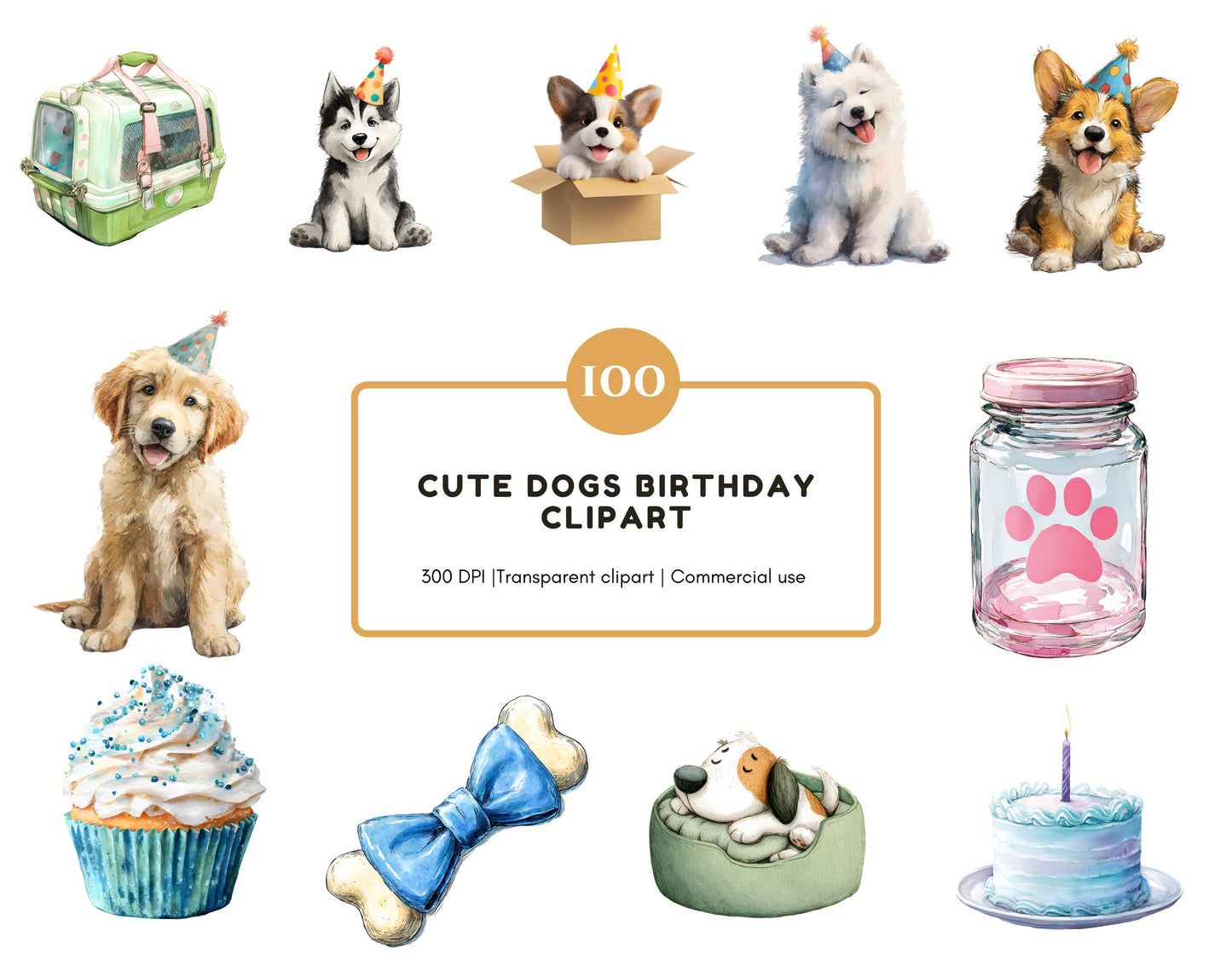 Cute Dog Birthday Party Clipart, Dog Birthday Clipart, Puppy Birthday, Watercolor Dog Birthday Decor Clipart, Cute Animal Birthday Clipart